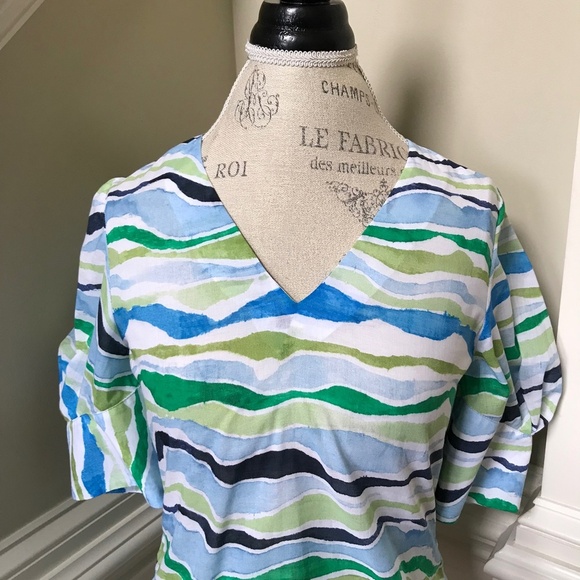 Charlotte Brody Blouse Top Shirt Womens XS Blue White Green 3/4 Sleeve V-Neck - Picture 3 of 12